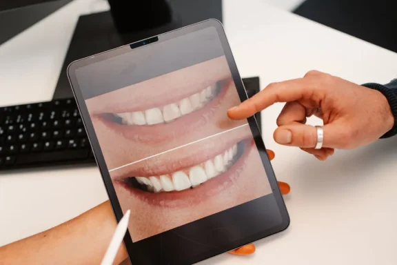 Tablet mit Vorher-Nachher-Vergleich eines Lächelns zur Visualisierung ästhetischer Zahnkorrekturen.