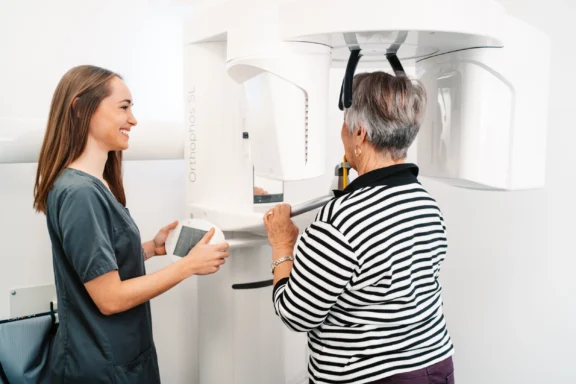 Zahnmedizinische Fachkraft weist eine Patientin in die richtige Positionierung am digitalen Röntgengerät Orthophos SL ein.