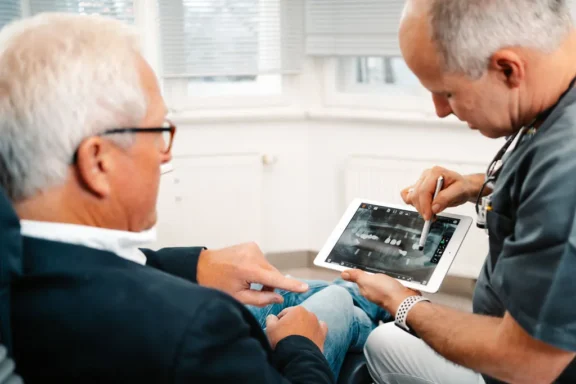 Zahnarzt bespricht mit einem älteren Patienten eine Röntgenaufnahme vor der Implantatbehandlung.